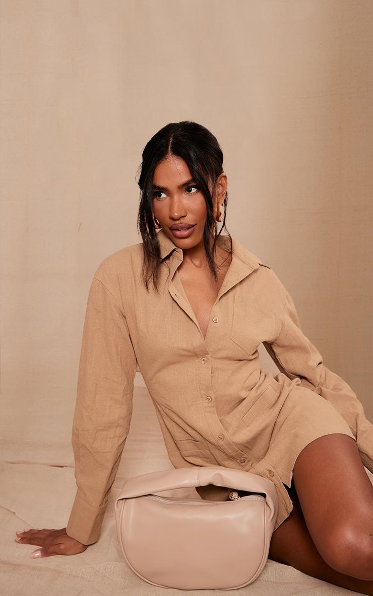 Khaki Fitted Premium Linen Look Shirt Dress Product Image