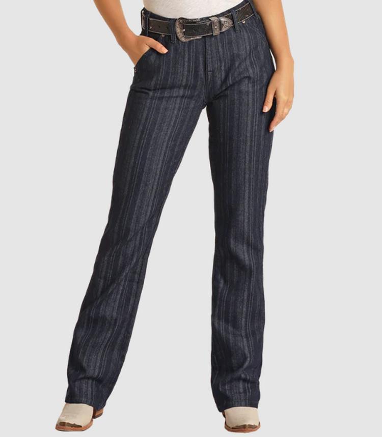 SALE Rock & Roll Hooey® Ladies' Med Wash HR Striped Boot Cut Jeans Product Image