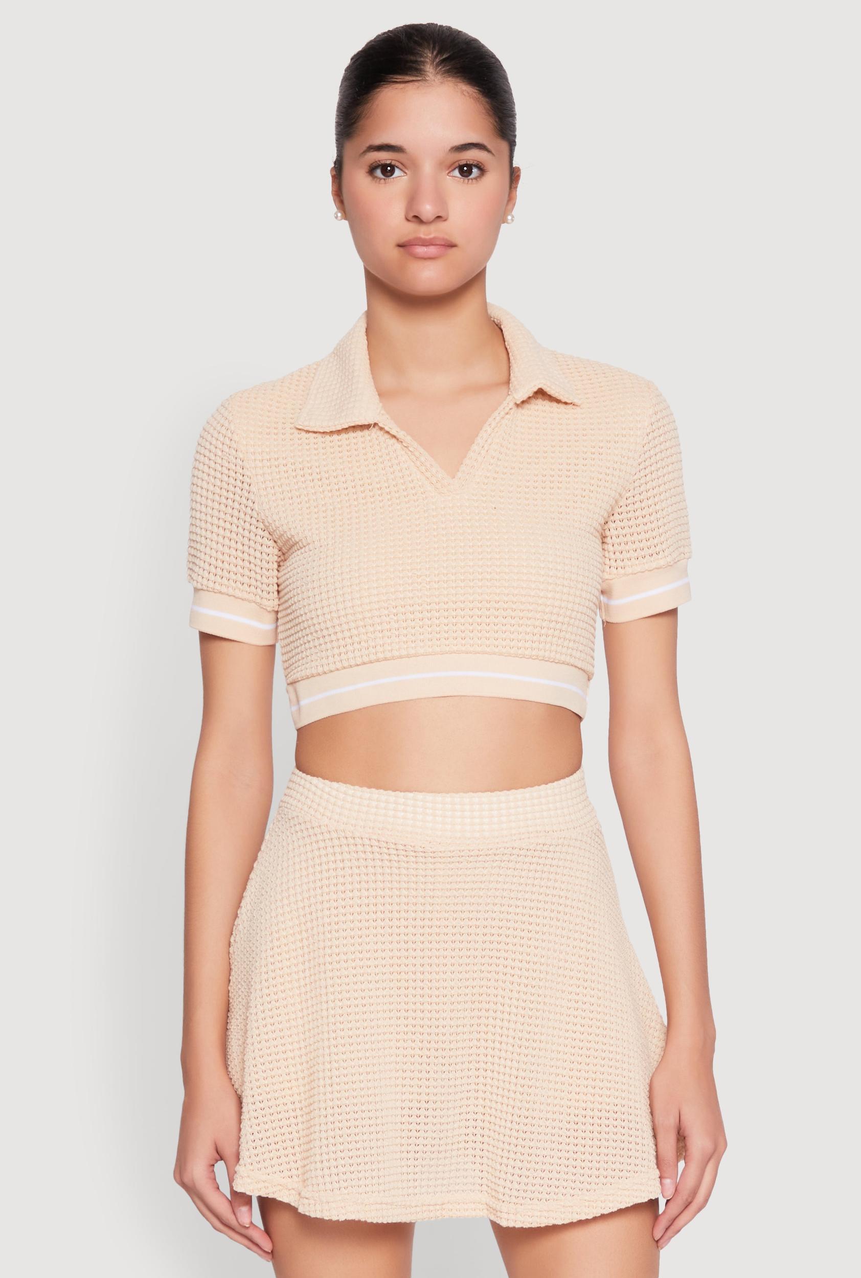 Womens Textured Knit Johnny Collar Crop Top Product Image