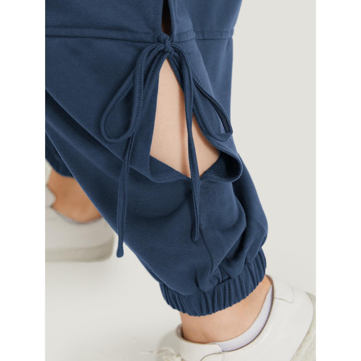 Solid Drawstring Pocket Ties Cut Out Sweatpants Aegean Plus Size Women Casual Dailywear Plain 10/M Bloomchic Product Image