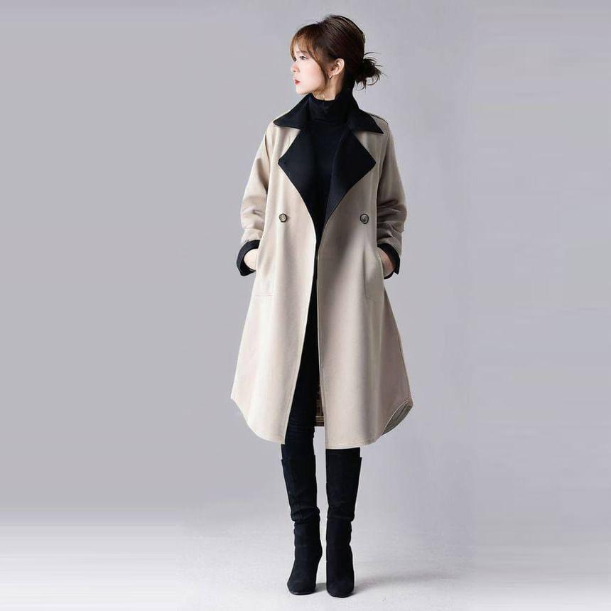 Lapel Collar Two Tone Double-Breasted Long Trench Coat Product Image