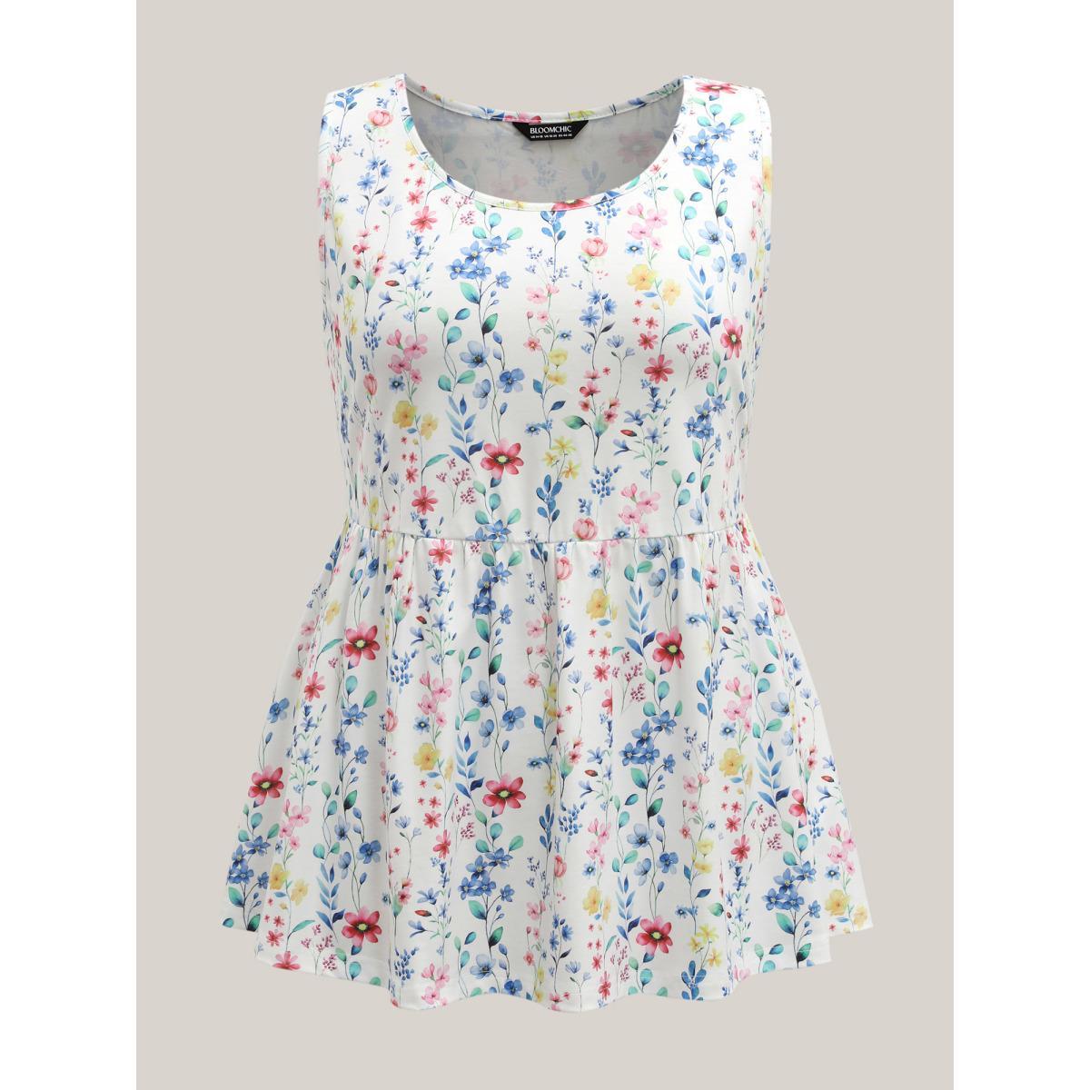 Plus Size Floral Print Stretchy Colorful Babydoll Top Women WhiteSmoke Gathered Round Neck Everyday-Casual Tank Tops Camis BloomChic 18-20/2X Product Image