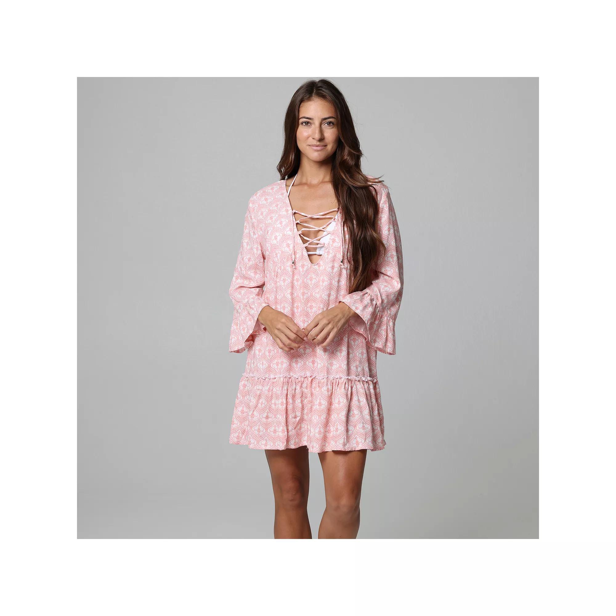 Womens J. Valdi Lace-Up Swim Cover-Up Tiered Dress Product Image