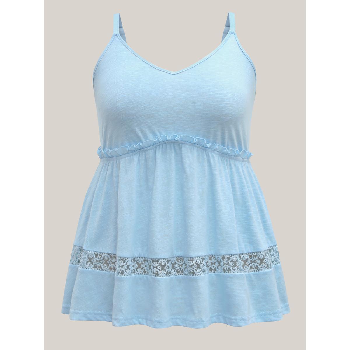 Plus Size Lace Trim Pleated Plain Tank Top Women LightBlue Woven ribbon&lace trim Non Vacation Tank Tops Camis BloomChic 14-16/1X Product Image