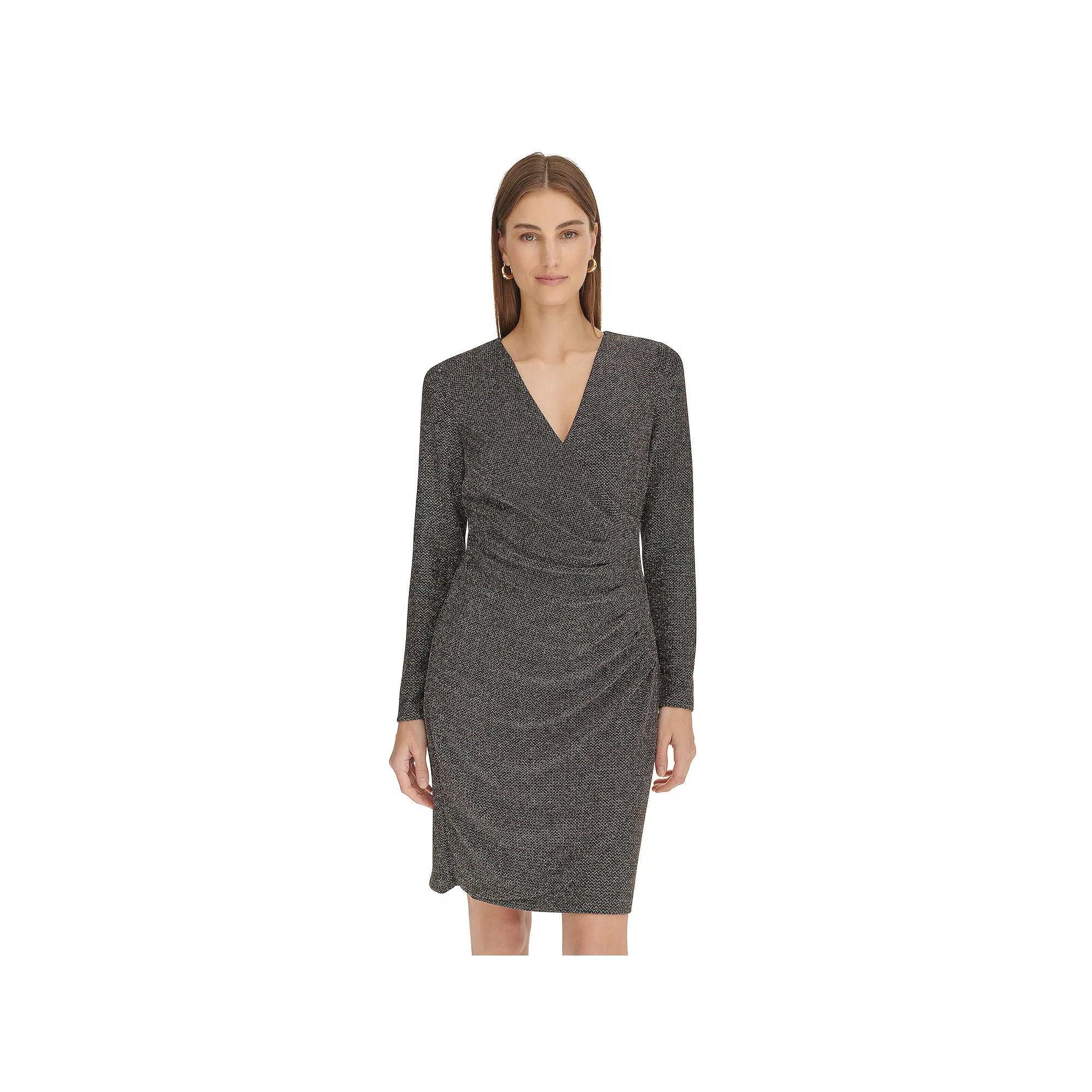 Women's Harper Rose Long Sleeve Ruched V-Neck Dress, Size: 2, Gold Black Shimmer Product Image