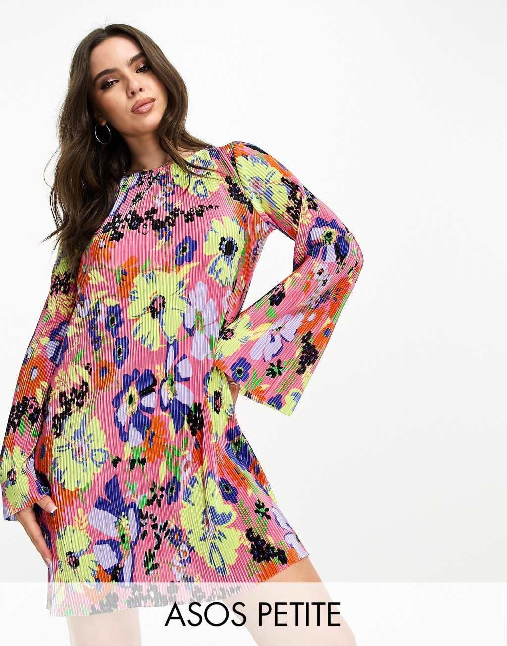 ASOS DESIGN Petite mini plisse dress with flared sleeve Product Image