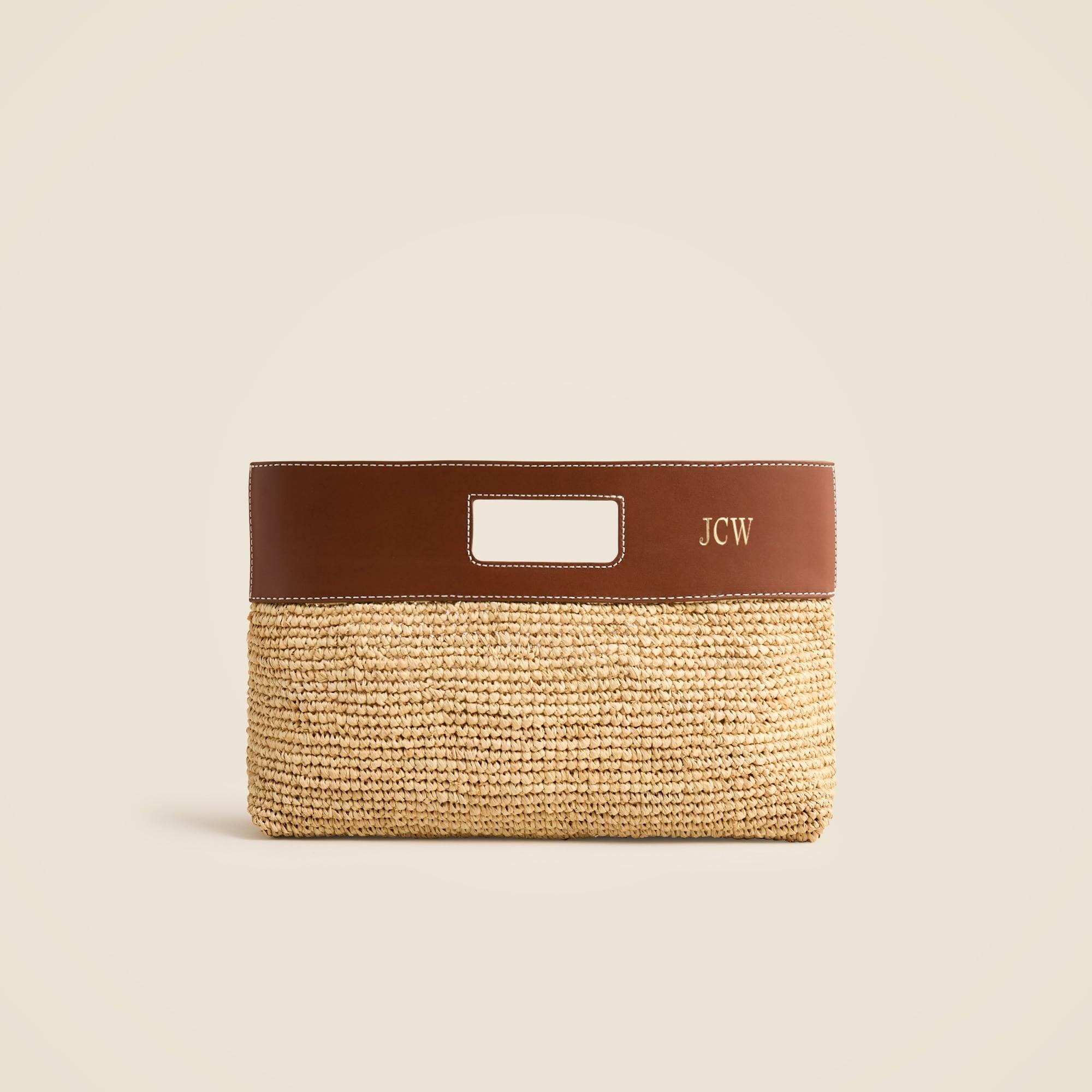 Handknotted raffia rectangular clutch with leather handles Product Image