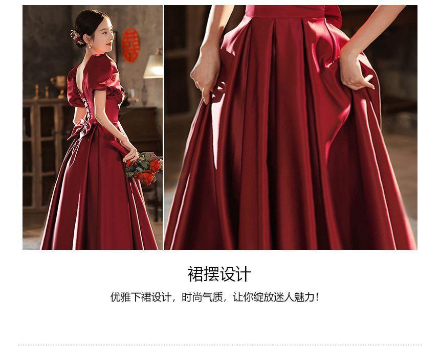 Puff Sleeve Square Neck Plain Pleated Bow A-Line Evening Gown Product Image