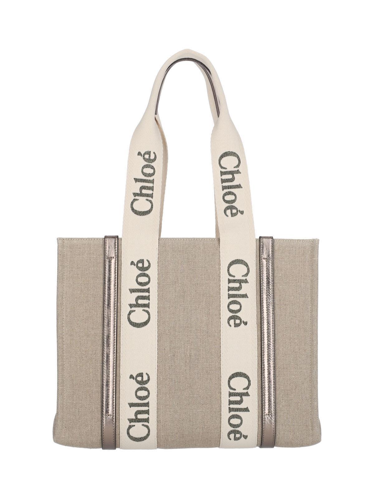 CHLOÉ Woody Medium Linen Tote In Beige Product Image