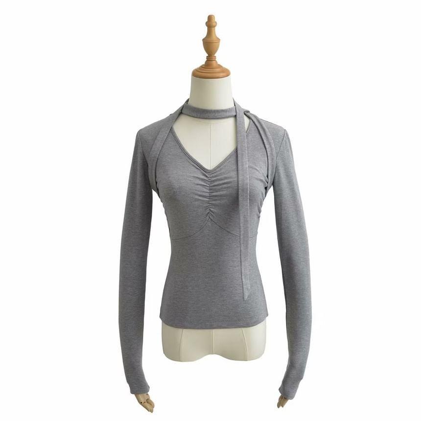 Long-Sleeve Halter-Neck Plain Shirred T-Shirt Product Image