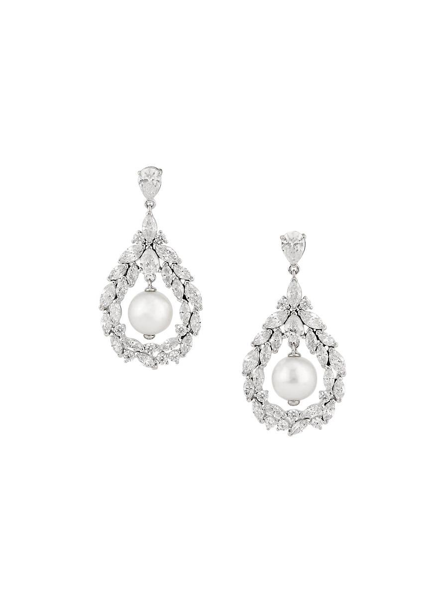 Womens Anna Rhodium-Plated, Freshwater Pearl & Cubic Zirconia Wreath Drop Earrings Product Image