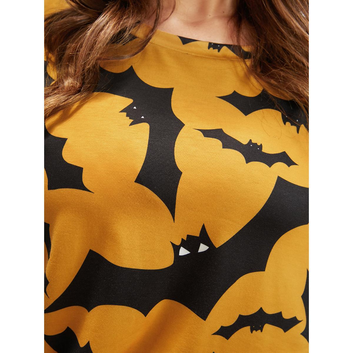 Plus Size Halloween Bat Print Pajama Set Women Orange Graphic-Halloween Printed Long Sleeve Round Neck Casual Loungewear Sets BloomChic 26/4X Product Image
