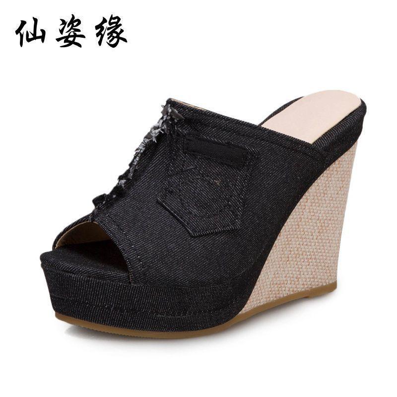 Peep-Toe Wedge-Heel Denim Slide Sandals Product Image