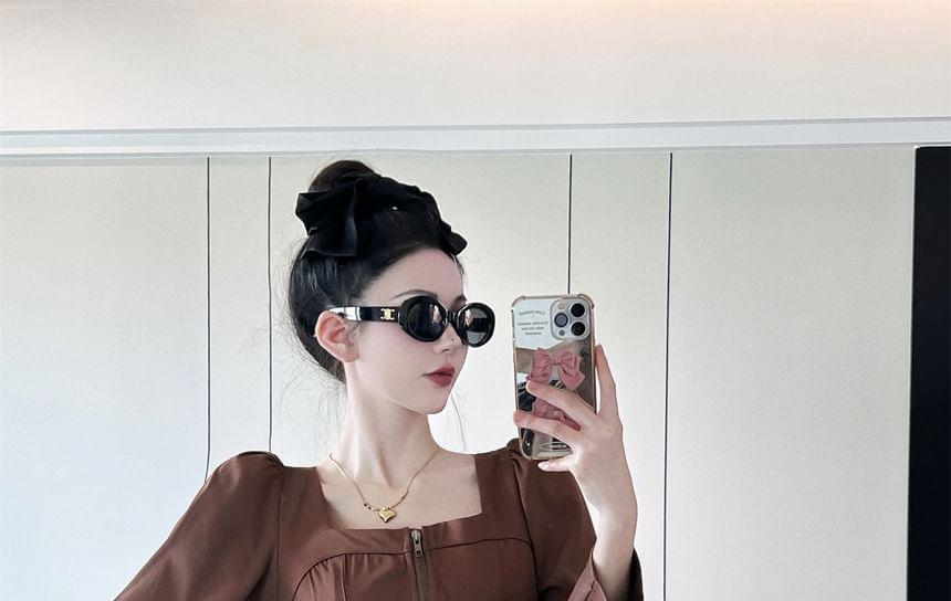 Long-Sleeve Square Neck Zip-Up Plain Mini A-Line Dress Product Image