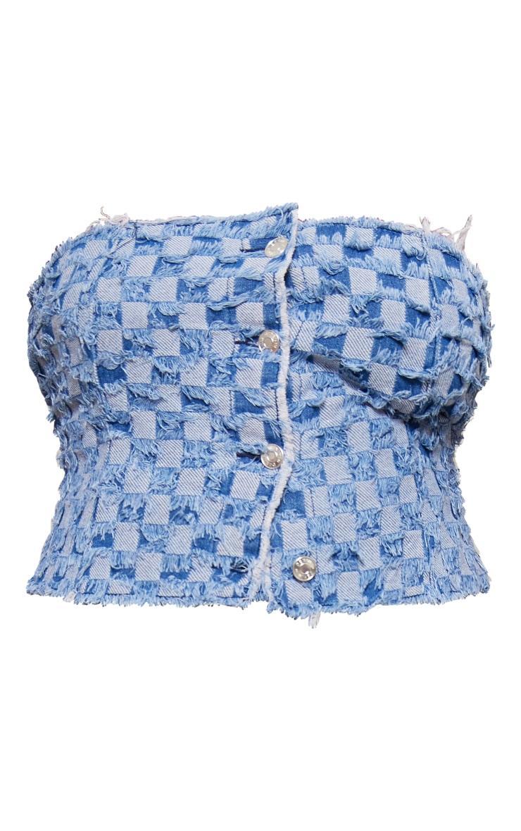 Plus Mid Blue Wash Fray Detail Checkered Denim Bandeau Top Product Image