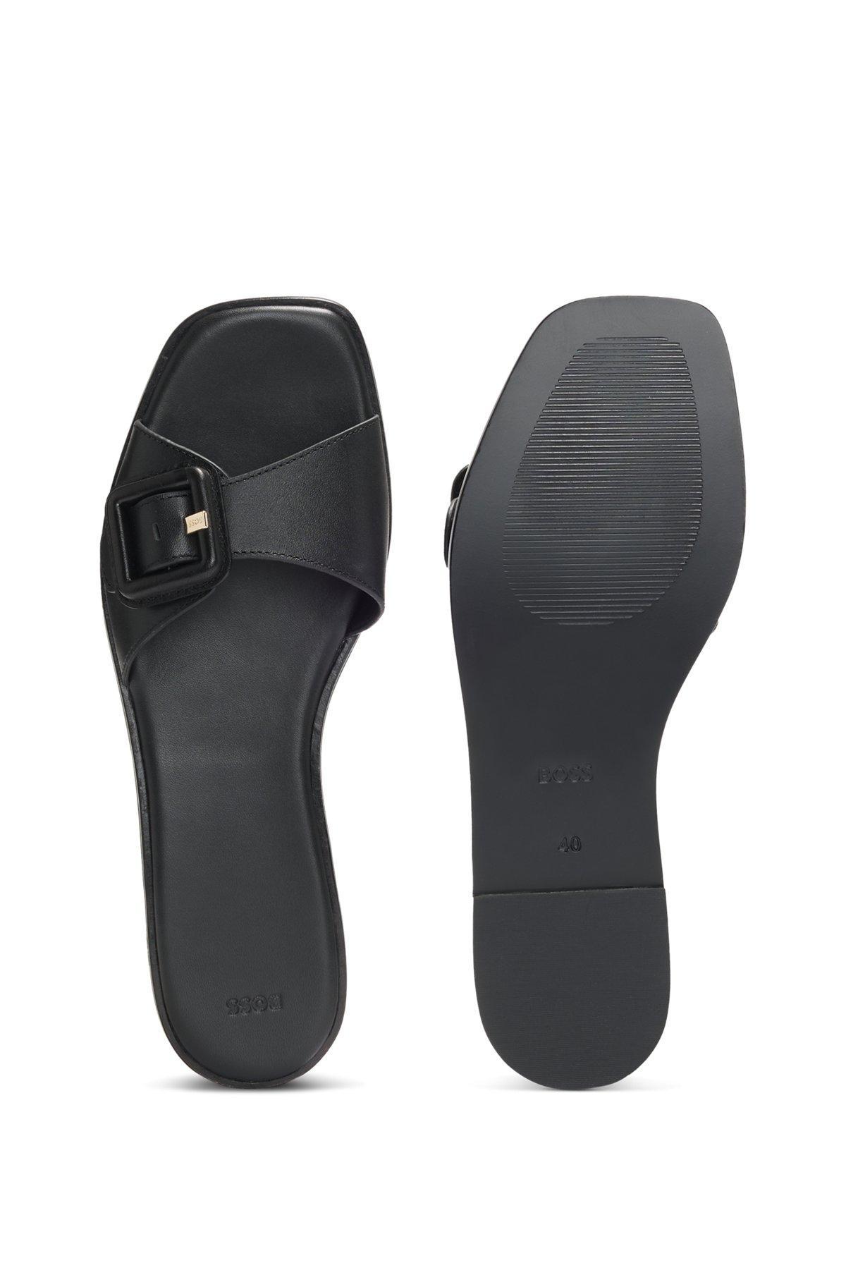 BOSS - Leather slides with logo-detail buckle - Black Product Image