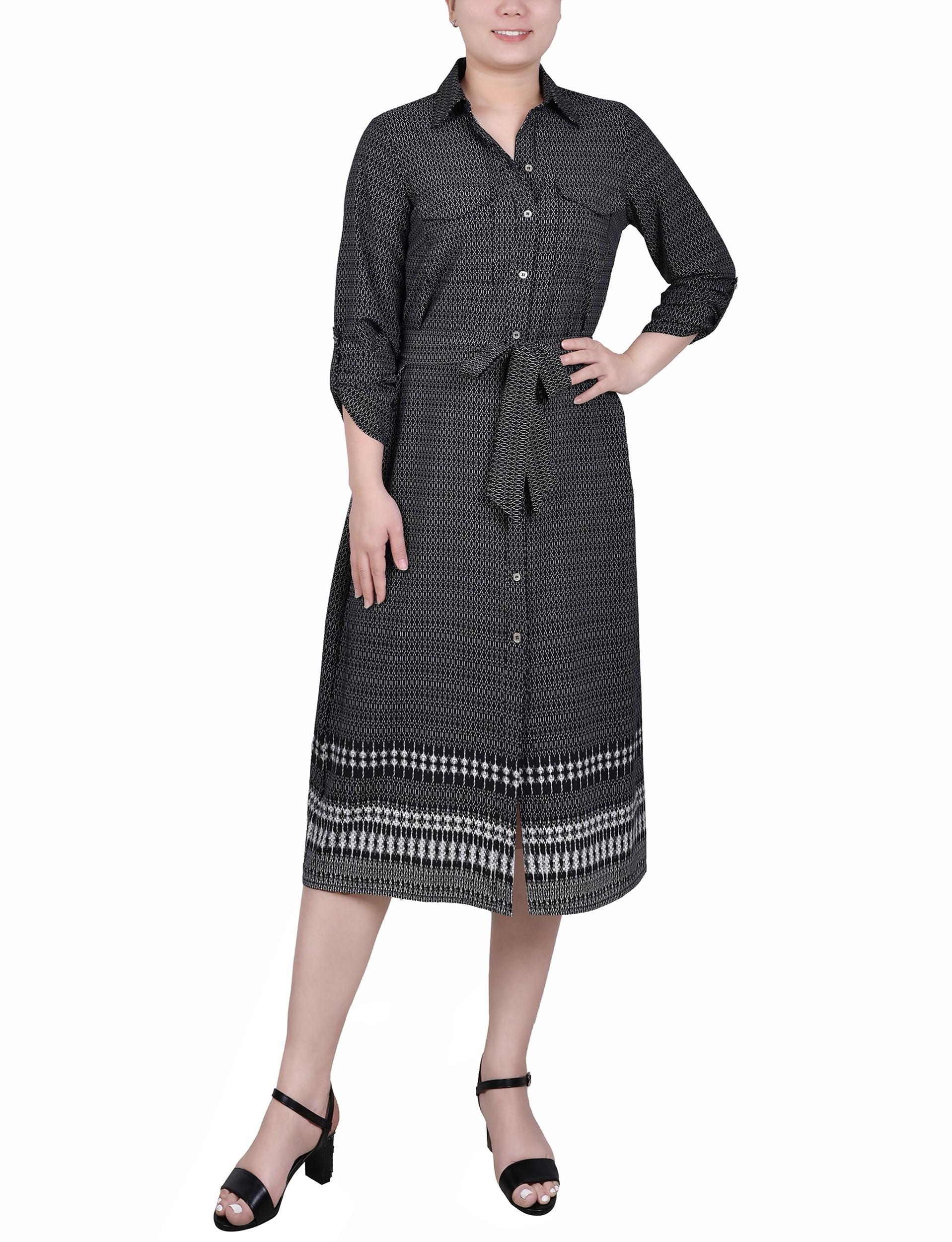 Cypress Inca Gold Navy Zigzag 3/4 Roll Tab Sleeve Belted Shirtdress - Petite Product Image