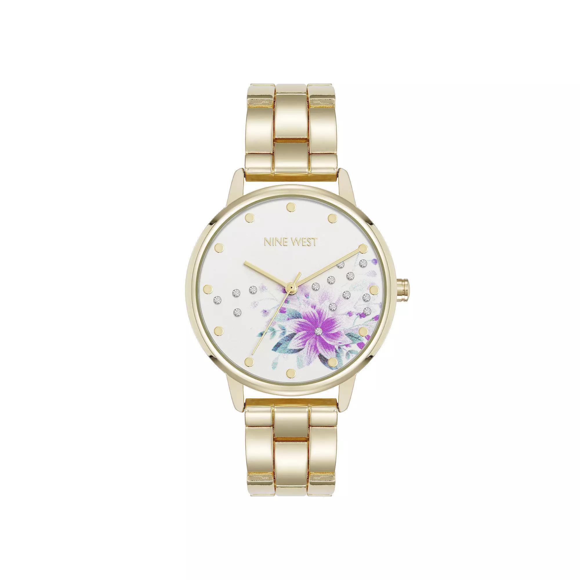 Nine West Women's Floral Dial Scattered Crystal Polished Link Watch, Size: 36MM, Gold Floral Product Image