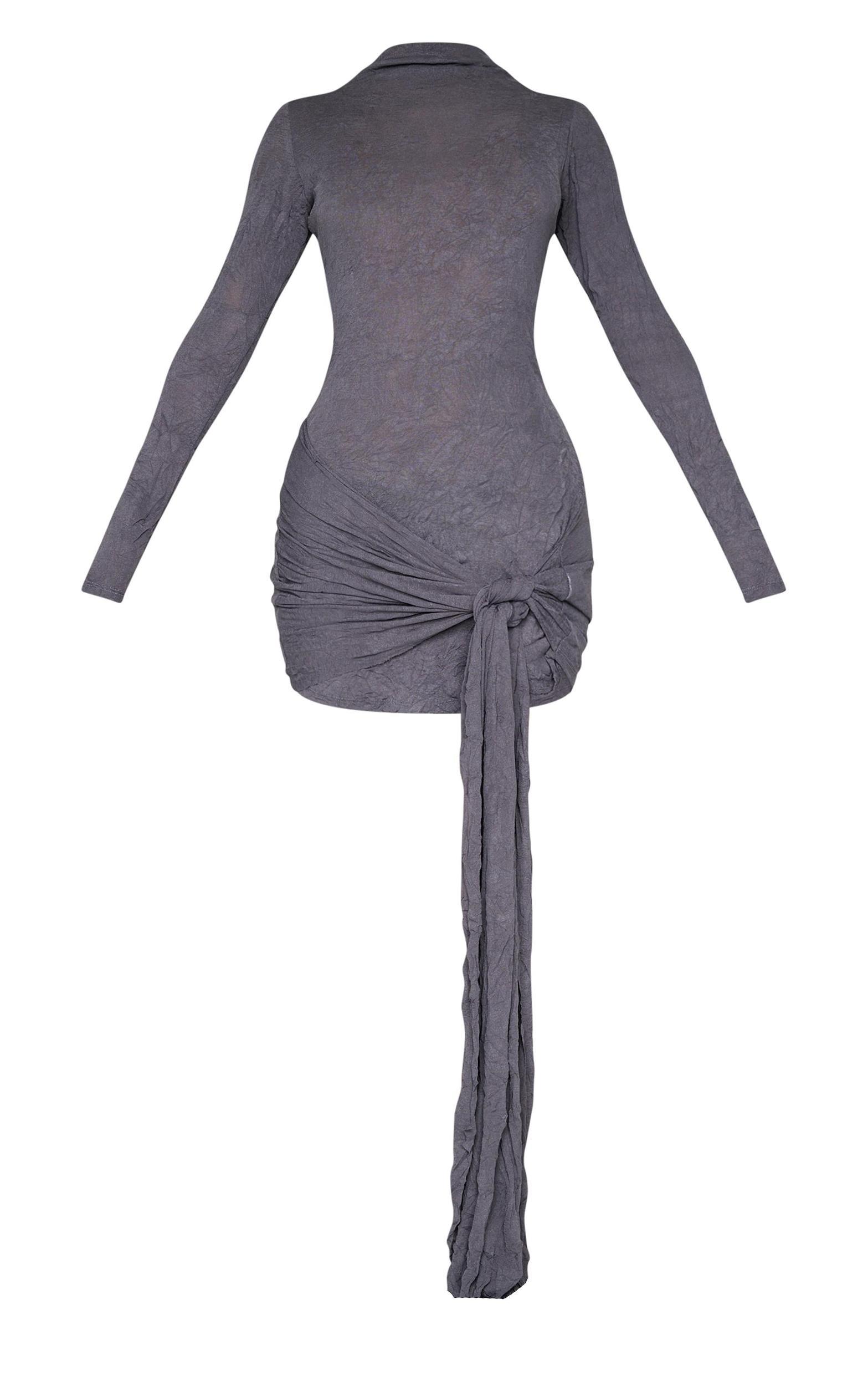 Petite Charcoal Crushed Mesh Long Sleeve Tie Detail Mini Dress Product Image