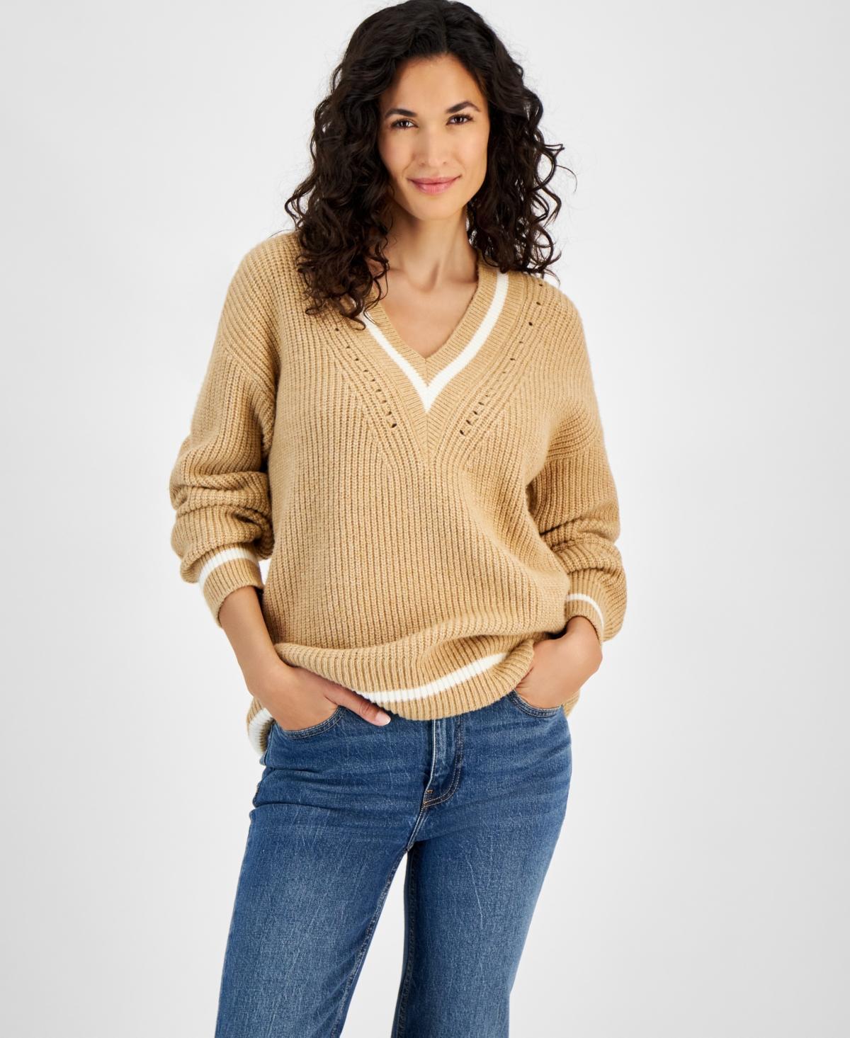 On 34th Womens Varsity-Stripe Ribbed V-Neck Sweater, Created for Macys Product Image