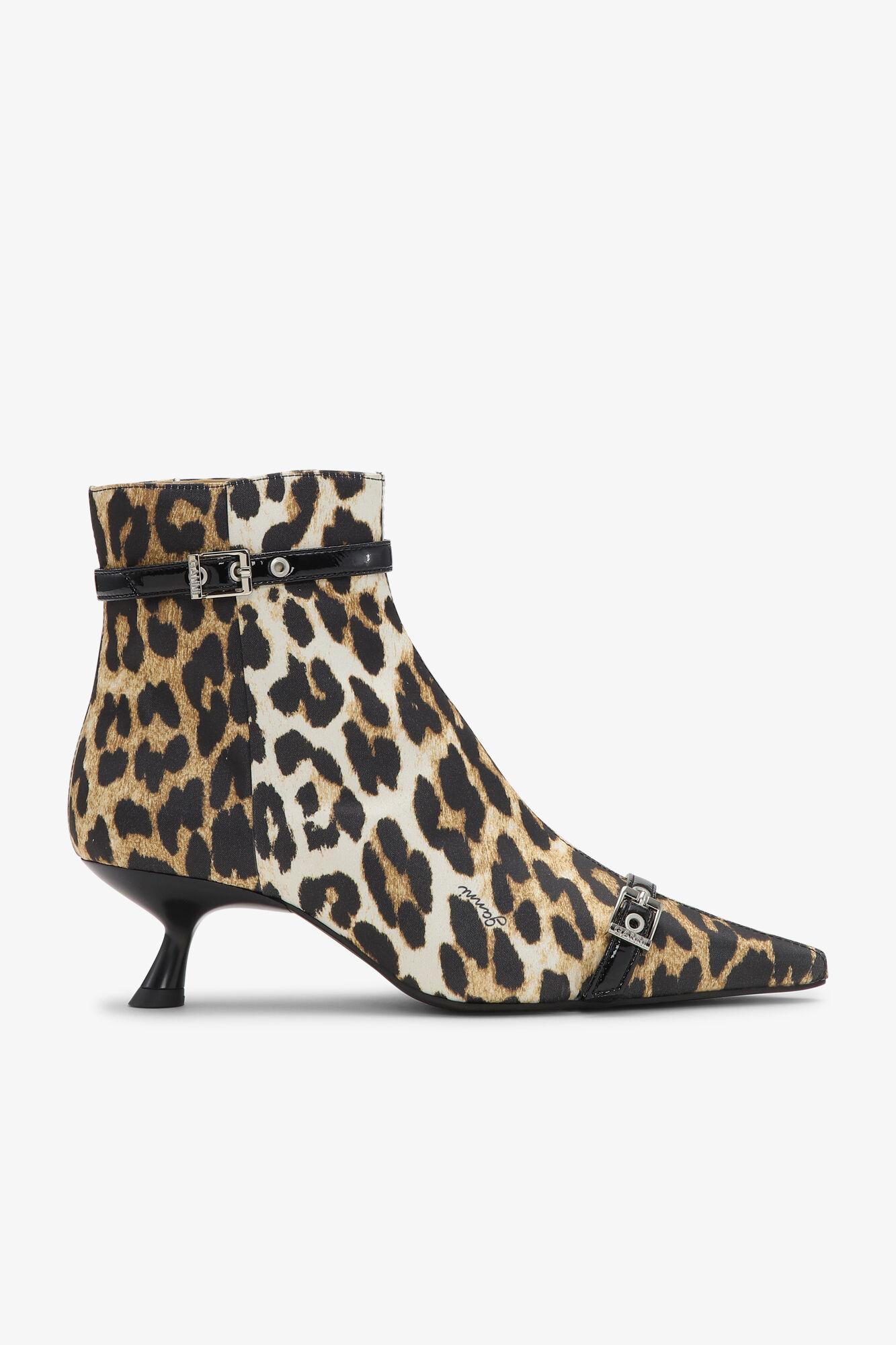 Leopard Satin Eyelets Kitten Heel Boots Product Image