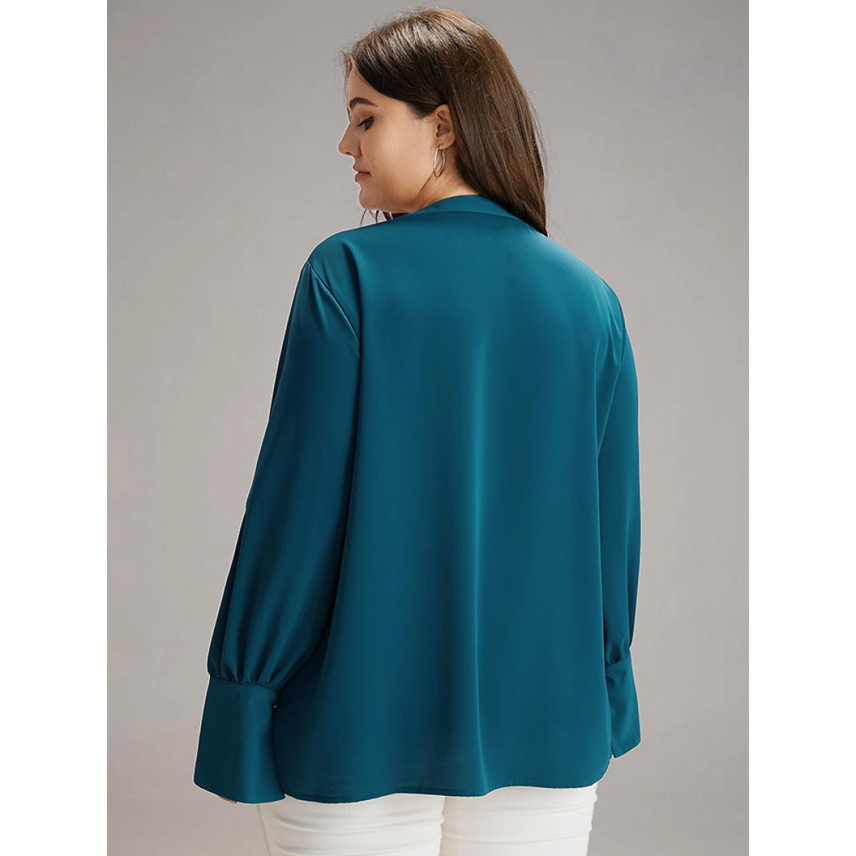 Plus Size Aegean Plain Pearl Beaded Plicated Detail Blouse Women Office Long Sleeve Round Neck Work Blouses BloomChic 30/6X Product Image