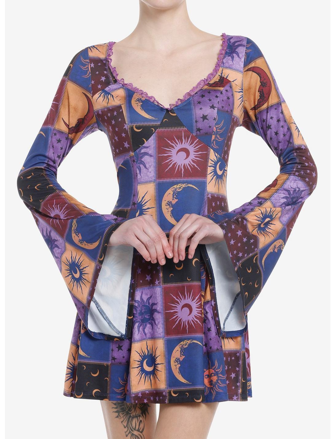Cosmic Aura Celestial Patchwork Bell Sleeve Dress Product Image