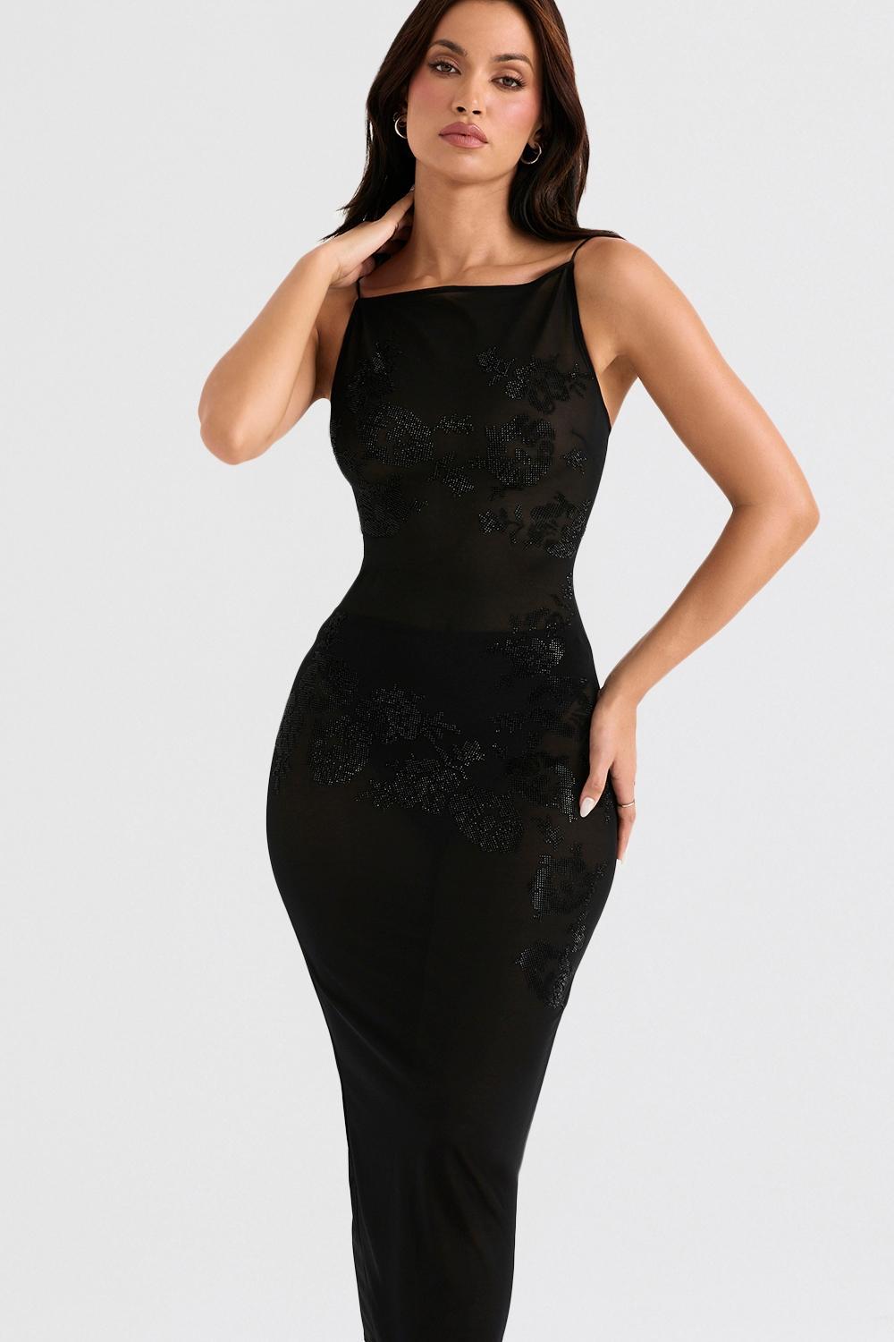 Amirah Black Mesh Crystal Embellished Midi Dress Product Image