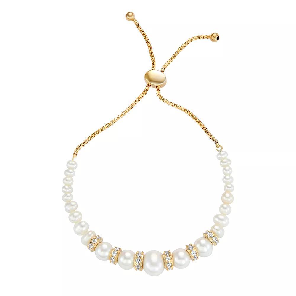18k Gold Over Sterling Silver Freshwater Cultured Pearl & Lab-Created White Sapphire Bolo Bracelet, Women's, Size: 9", Gold Tone Product Image