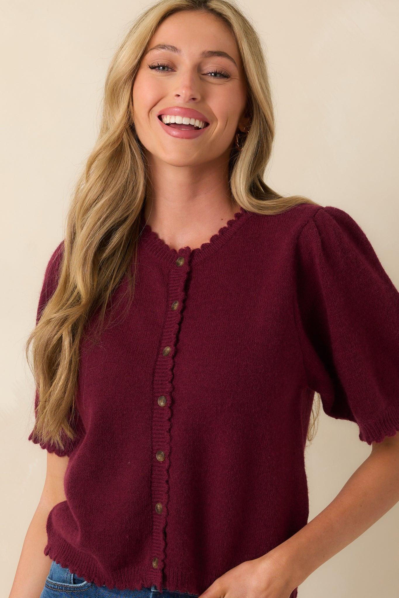 Caught Up In The Moment Wine Knit Short Sleeve Cardigan Product Image