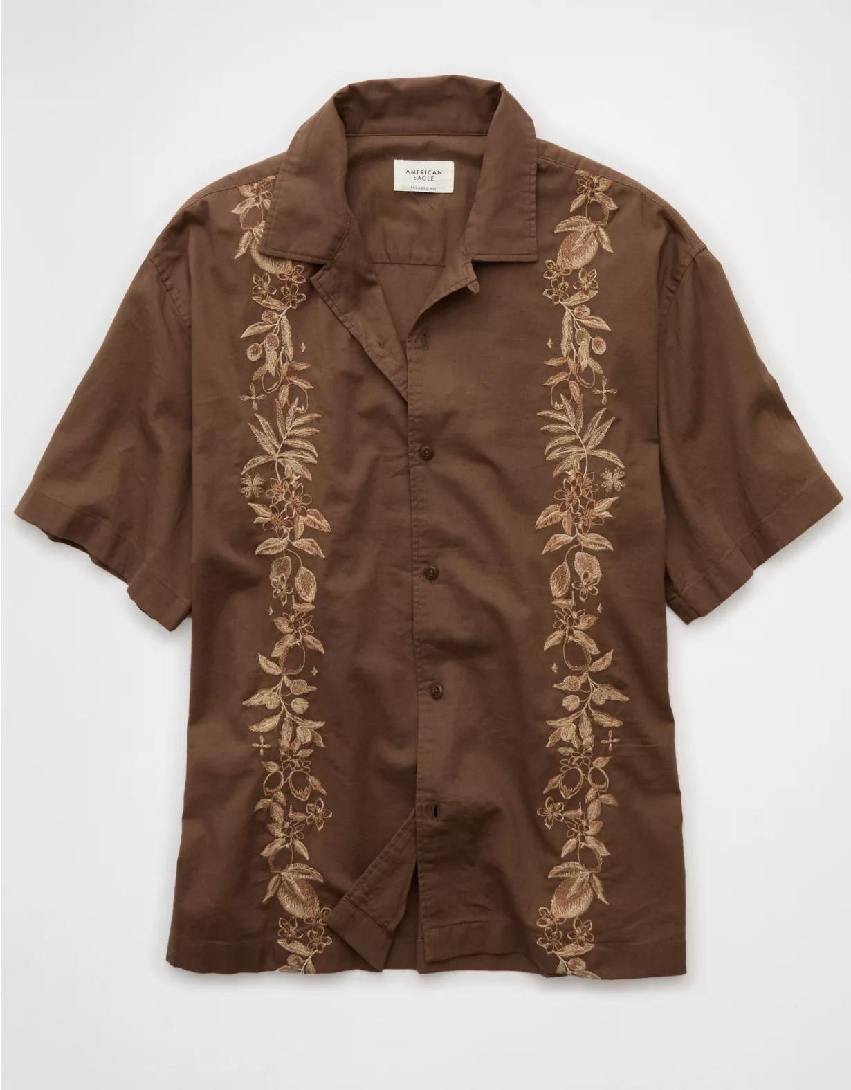 AE Poolside Linen-Blend Embroidered Button-Up Shirt Product Image