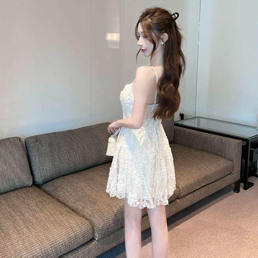 Spaghetti Strap V-Neck Lace Mini A-Line Dress Product Image