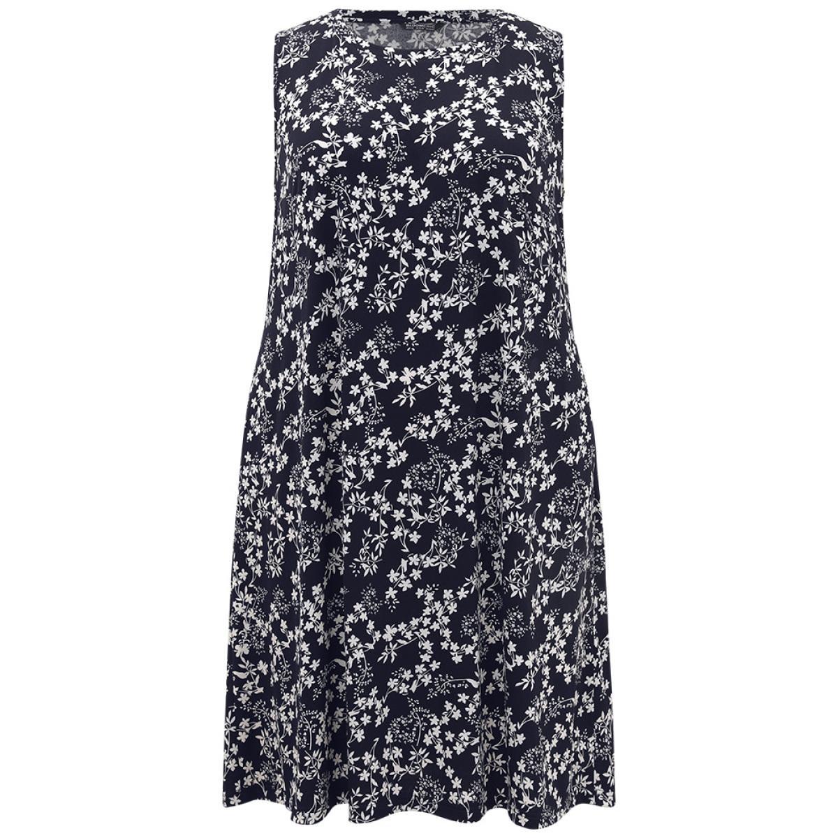 Plus Size Ditsy Floral Pocket Crew Neck Tank Dress Navy Women Casual Printed Round Neck Sleeveless Curvy Midi Dress BloomChic 12/L Product Image