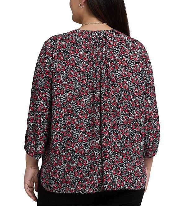 NYDJ Plus Size Woven Los Rosales Split Round V-Neck 3/4 Sleeve Pintuck Blouse Product Image