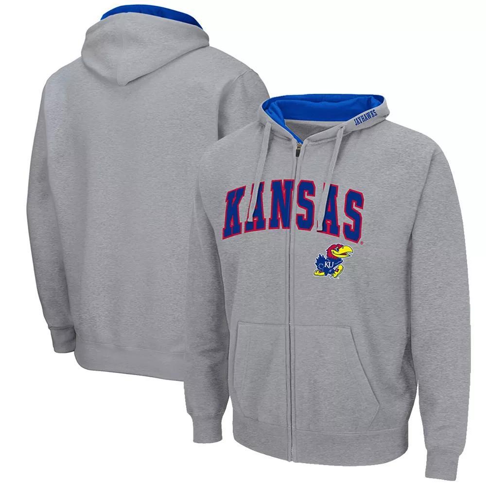 Men's Colosseum Heathered Gray Kansas Jayhawks Arch & Logo 3.0 Full-Zip Hoodie, Size: Medium, Grey Product Image