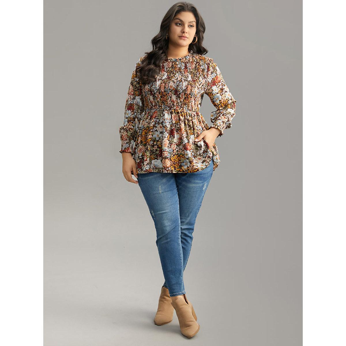 Plus Size DarkBrown Floral Shirred Frill Trim Stand Collar Blouse Women Elegant Long Sleeve Stand-up collar Dailywear Blouses BloomChic 12/L Product Image