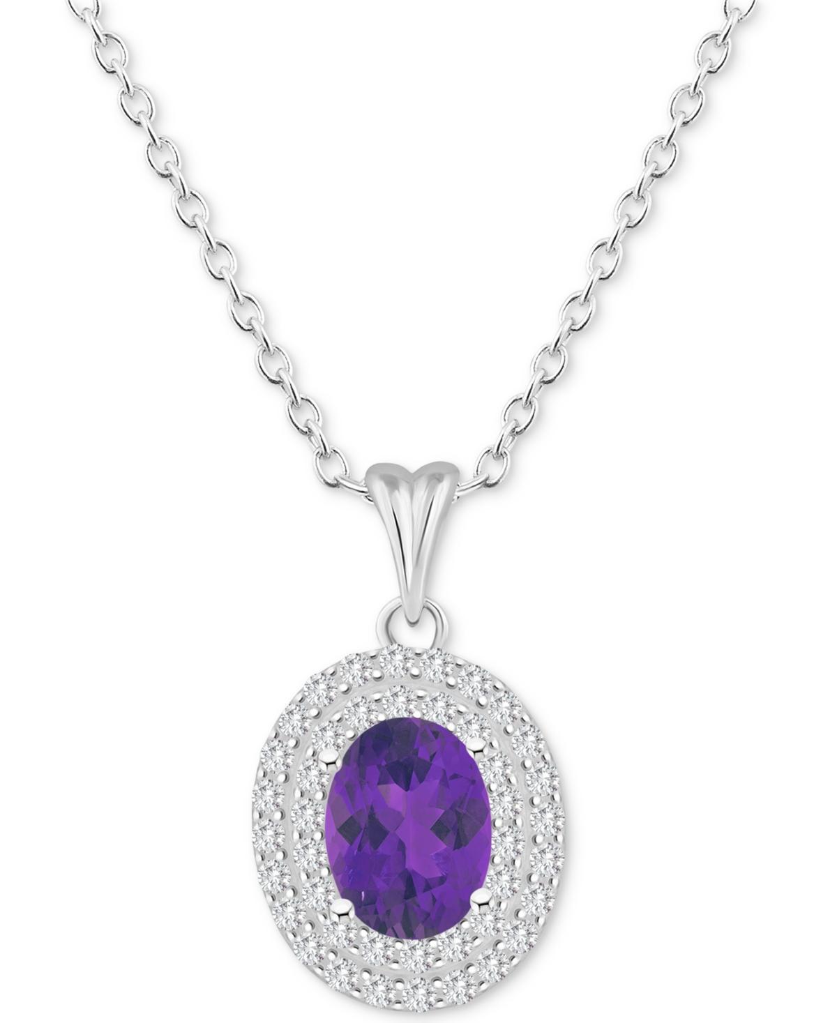 Celebration Gems Sterling Silver Oval-Cut Amethyst & White Topaz Double Halo Pendant Necklace, Women's, Size: 18" Product Image