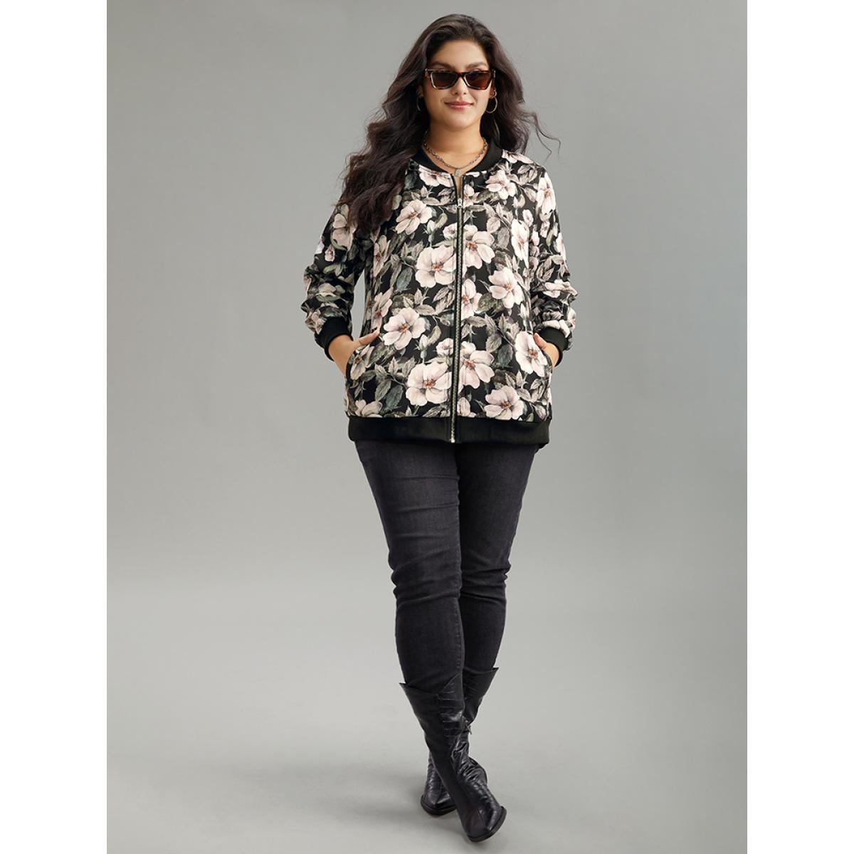 Plus Size Floral Print Patchwork Zipper Jacket Women BlackFlower Elastic cuffs Pocket Everyday Jackets BloomChic 28/5X Product Image