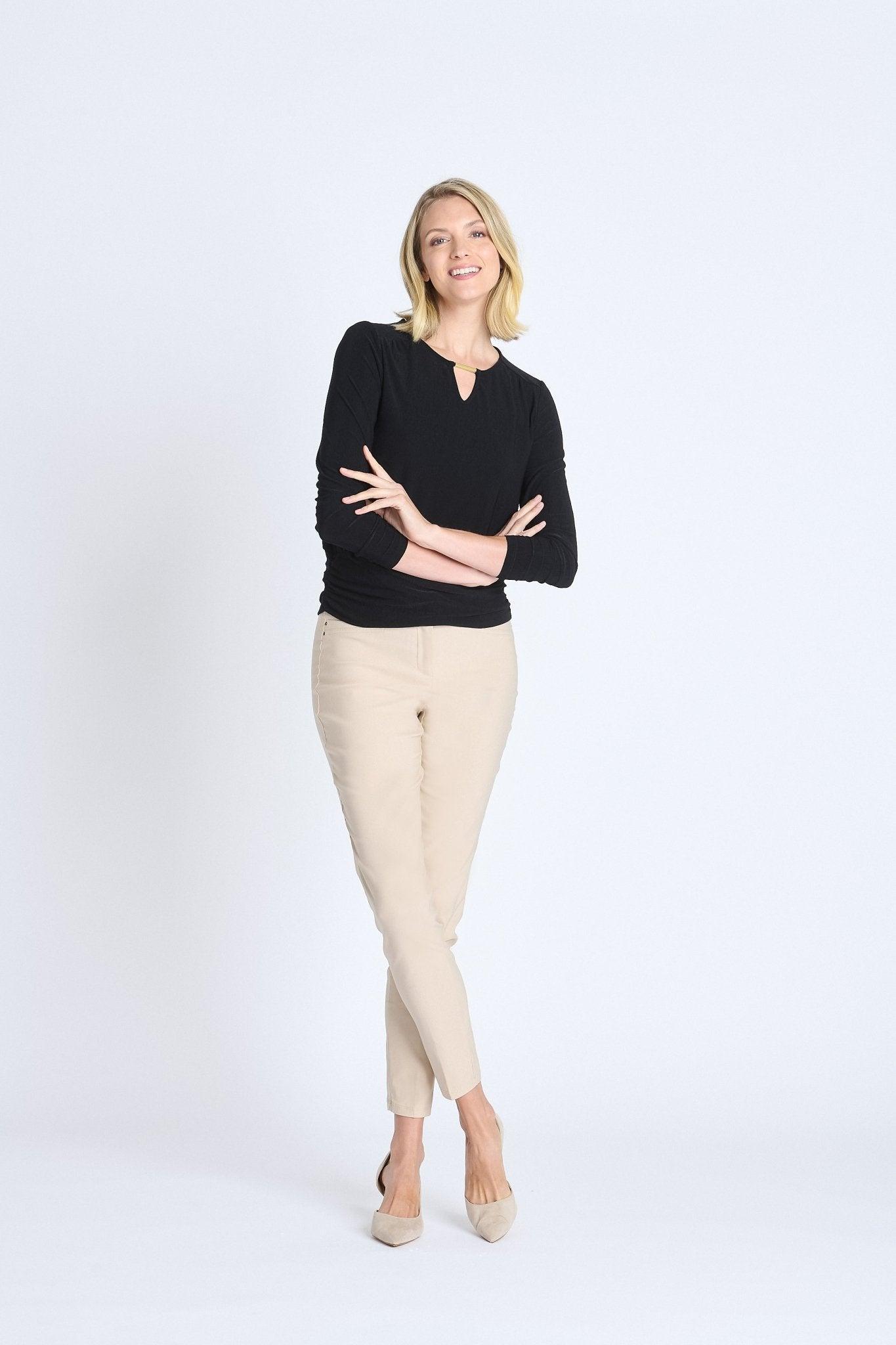 V-Neck Bar Trim Banded Top, Black Product Image