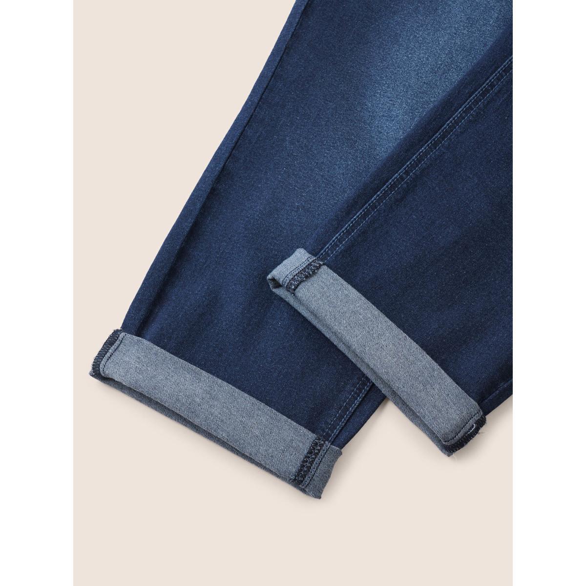 Plus Size Bodycon Roll Hem Medium Wash Jeans Women Blue Casual Plain Non High stretch Slanted pocket Jeans BloomChic 30/6X Product Image
