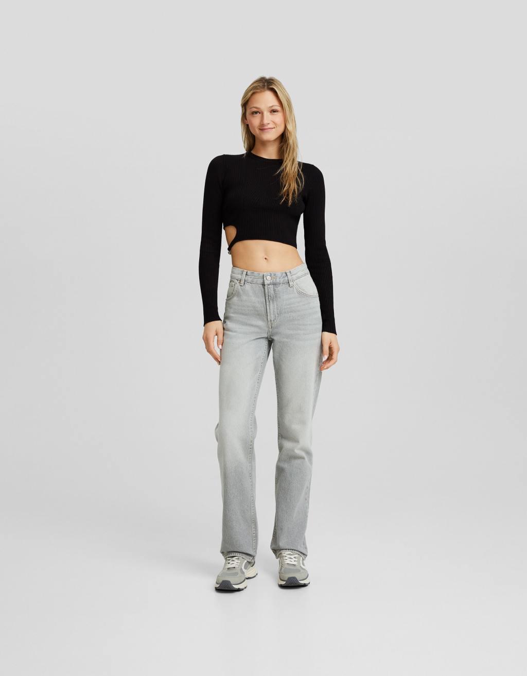 Bershka Petite straight leg jeans in washed gray Product Image