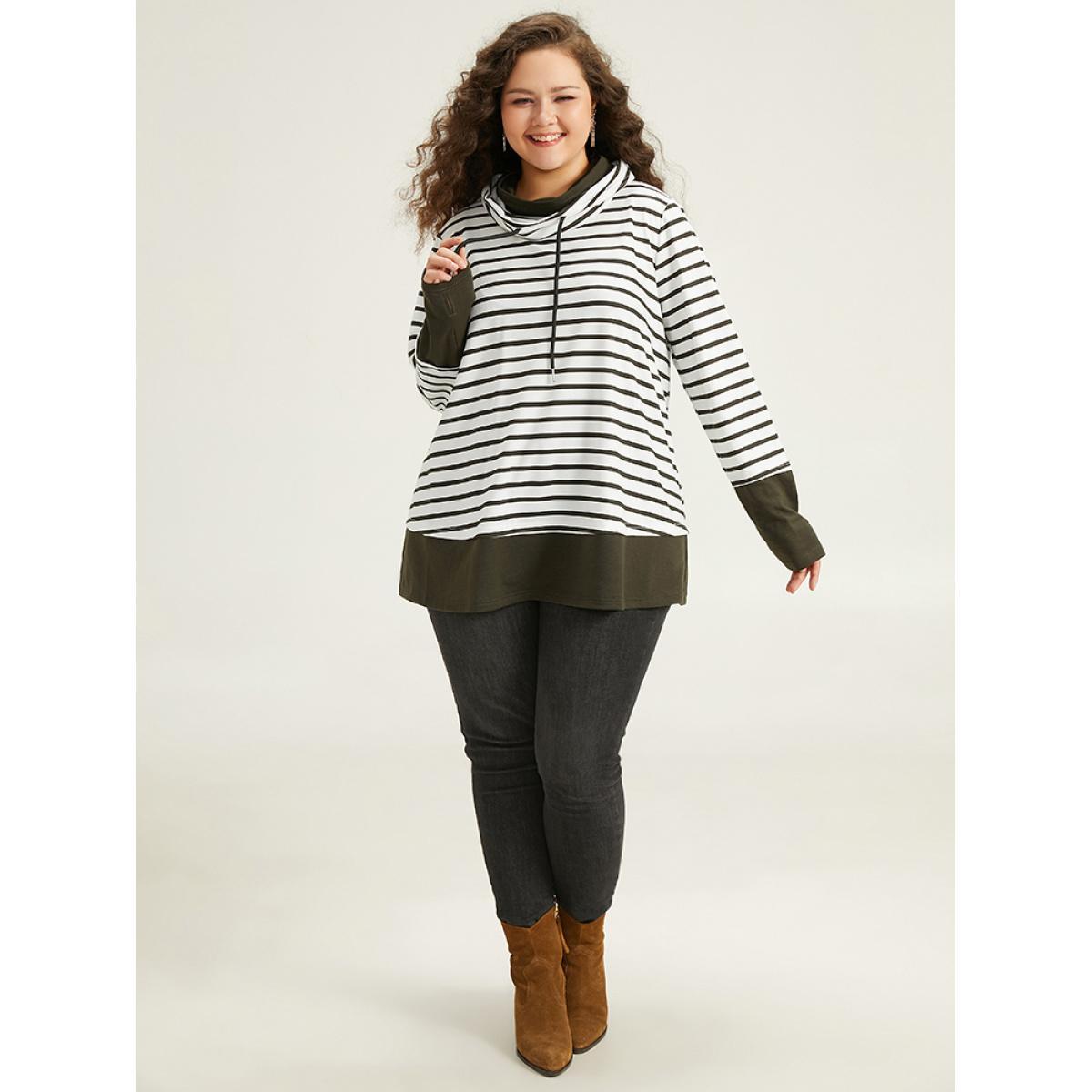 Plus Size Halloween Striped Patchwork Contrast Drawstring Sweatshirt Women Green Casual Contrast Turtleneck Festival-Halloween Sweatshirts BloomChic 14-16/1X Product Image