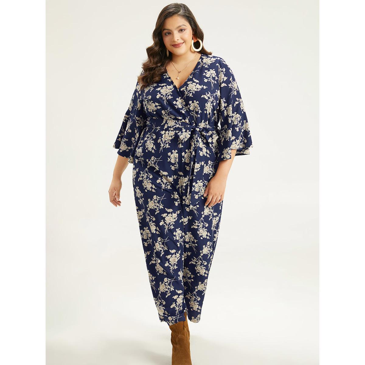 Plus Size DarkBlue Floral Print Bell Sleeve Pocket Belted Jumpsuit Women Elegant Elbow-length sleeve V-neck Dailywear Loose Jumpsuits BloomChic 14-16/1X Product Image