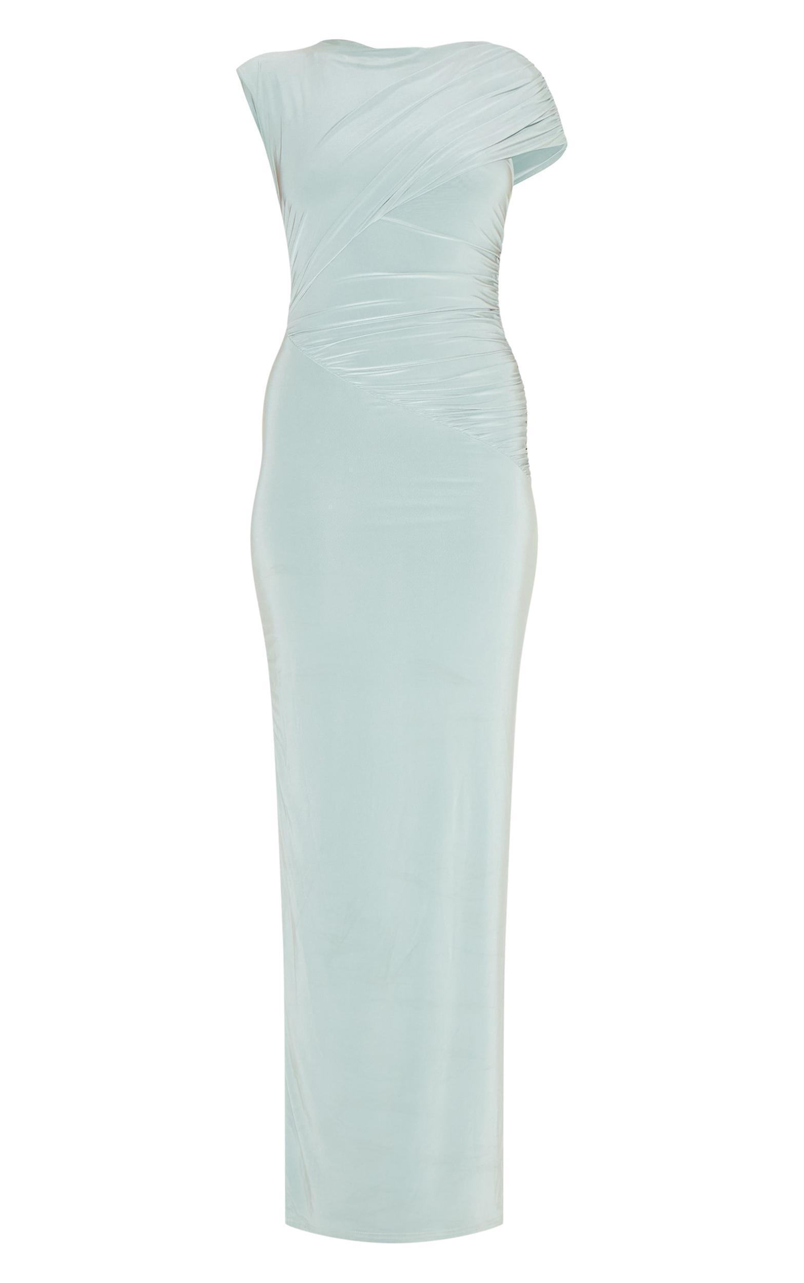 Sage Double Layer Slinky Off Shoulder Drape Maxi Dress Product Image