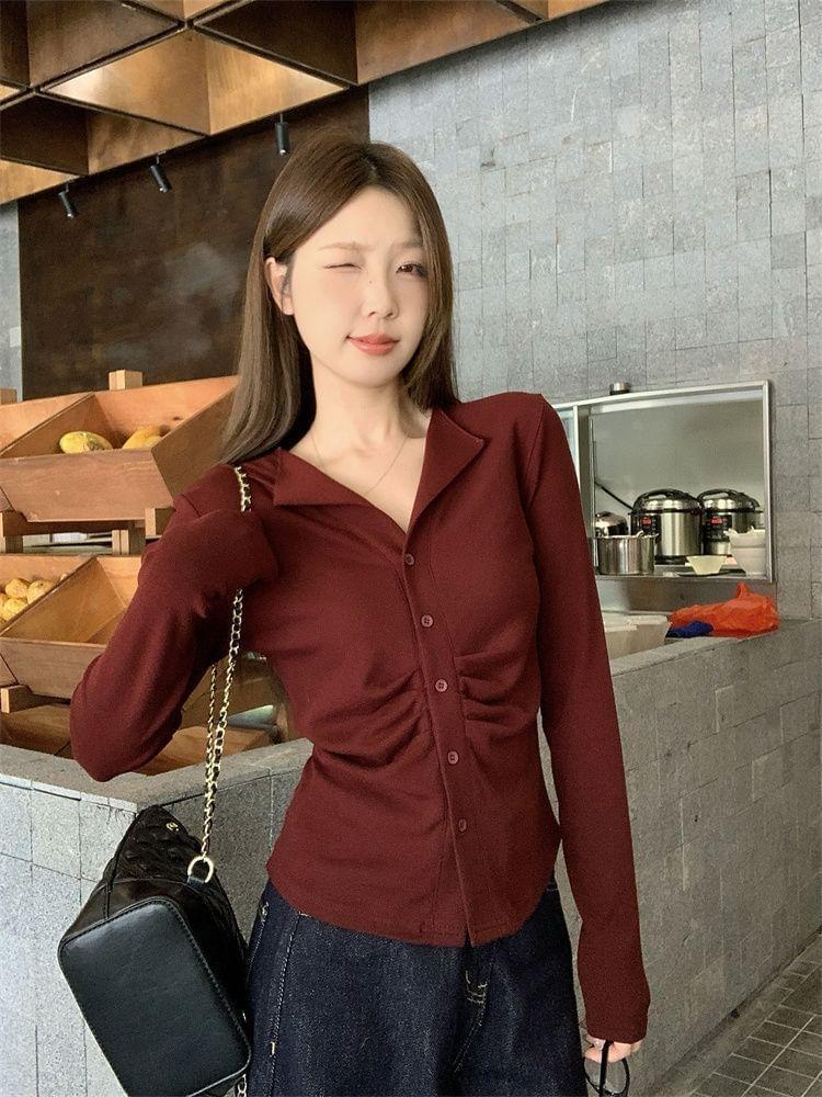 Long Sleeve V-Neck Collar Plain Ruched Slim-Fit Light Cardigan Product Image