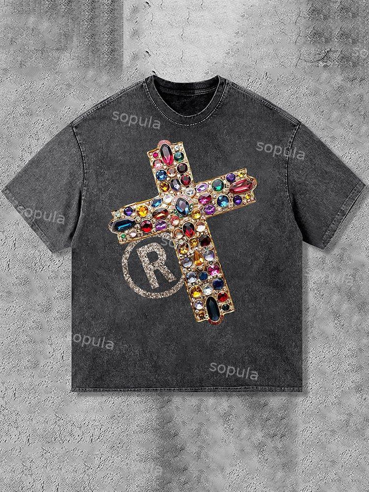 Diamond Cross Graphic Print Casual Acid Washed T-Shirt Product Image