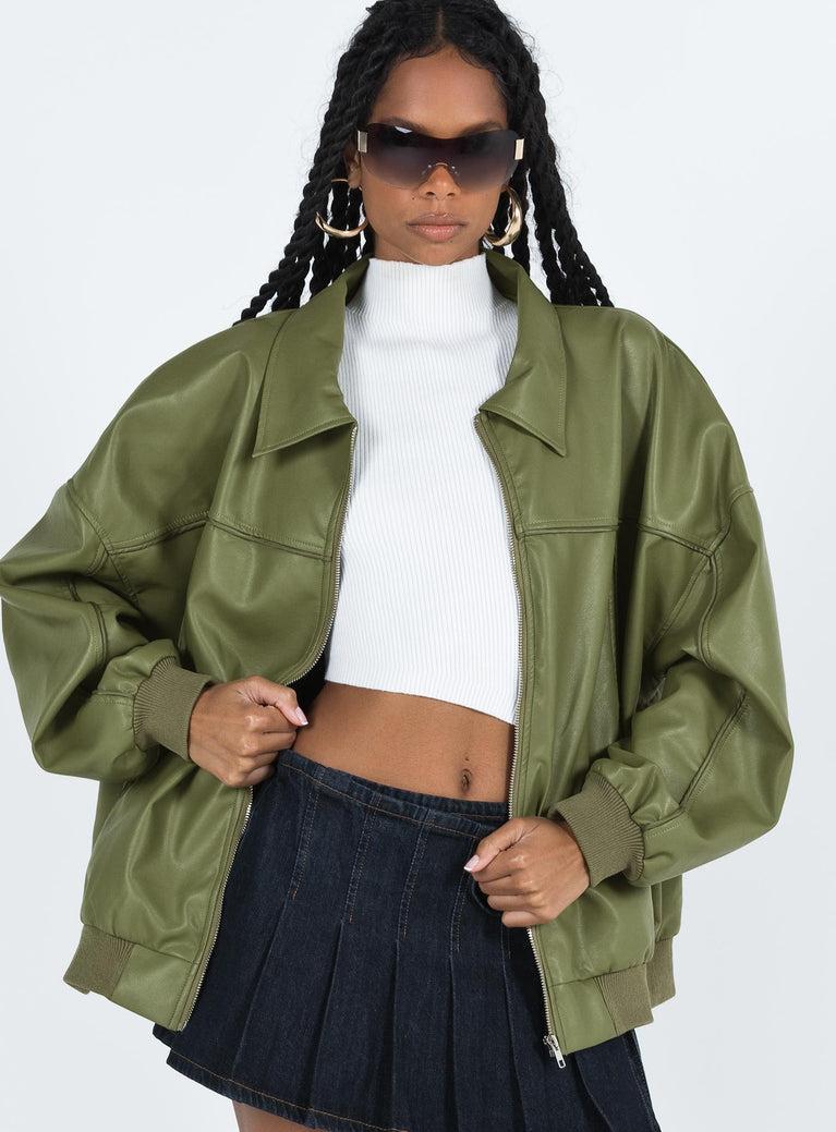 Goldsmith Faux Leather Bomber Jacket Green Product Image