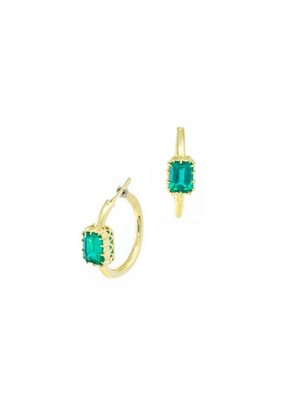 Womens 18K Yellow Gold & Emerald Hoop Earrings Product Image