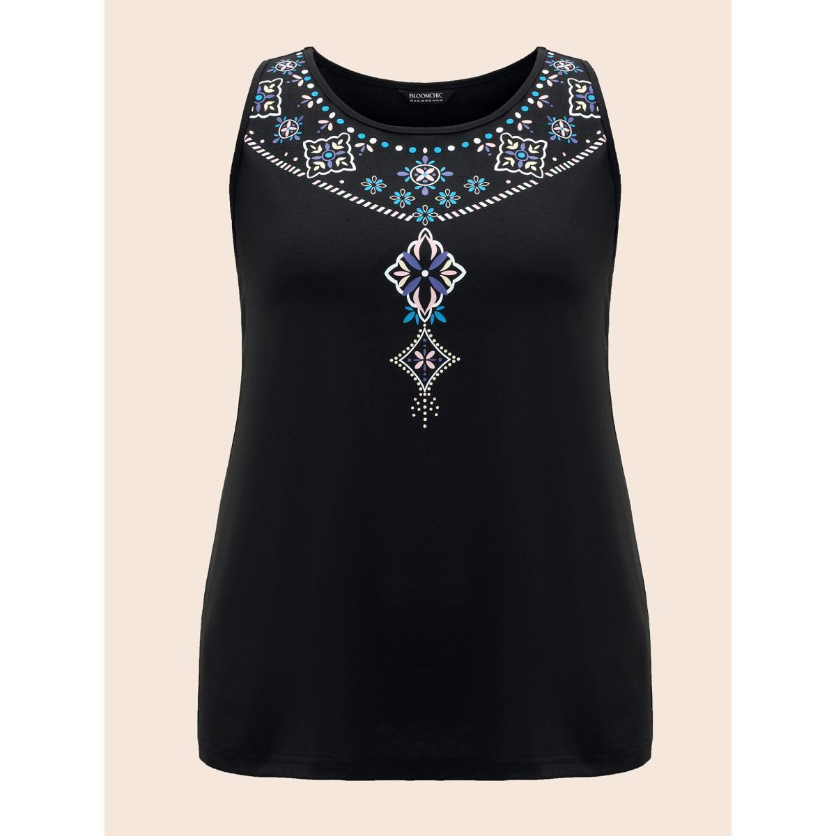 Plus Size Boho Print Stretchy Round Neck Vest Women Black Casual Non Round Neck Everyday Tank Tops Camis BloomChic 30/6X Product Image