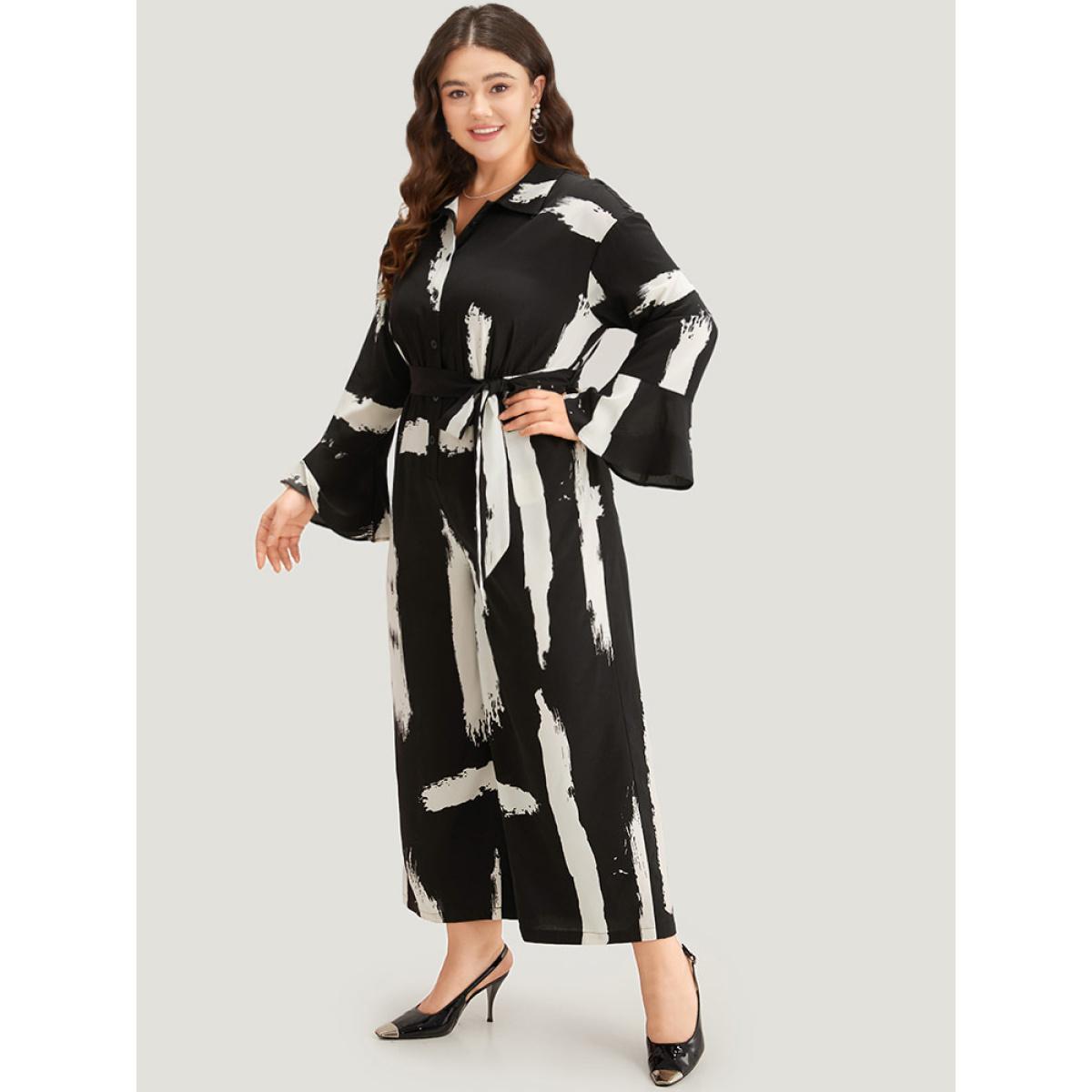 Plus Size BlackFlower Brush Print Button Up Belted Bell Sleeve Jumpsuit Women Office Long Sleeve Shirt collar Work Loose Jumpsuits BloomChic 18-20/2X Product Image